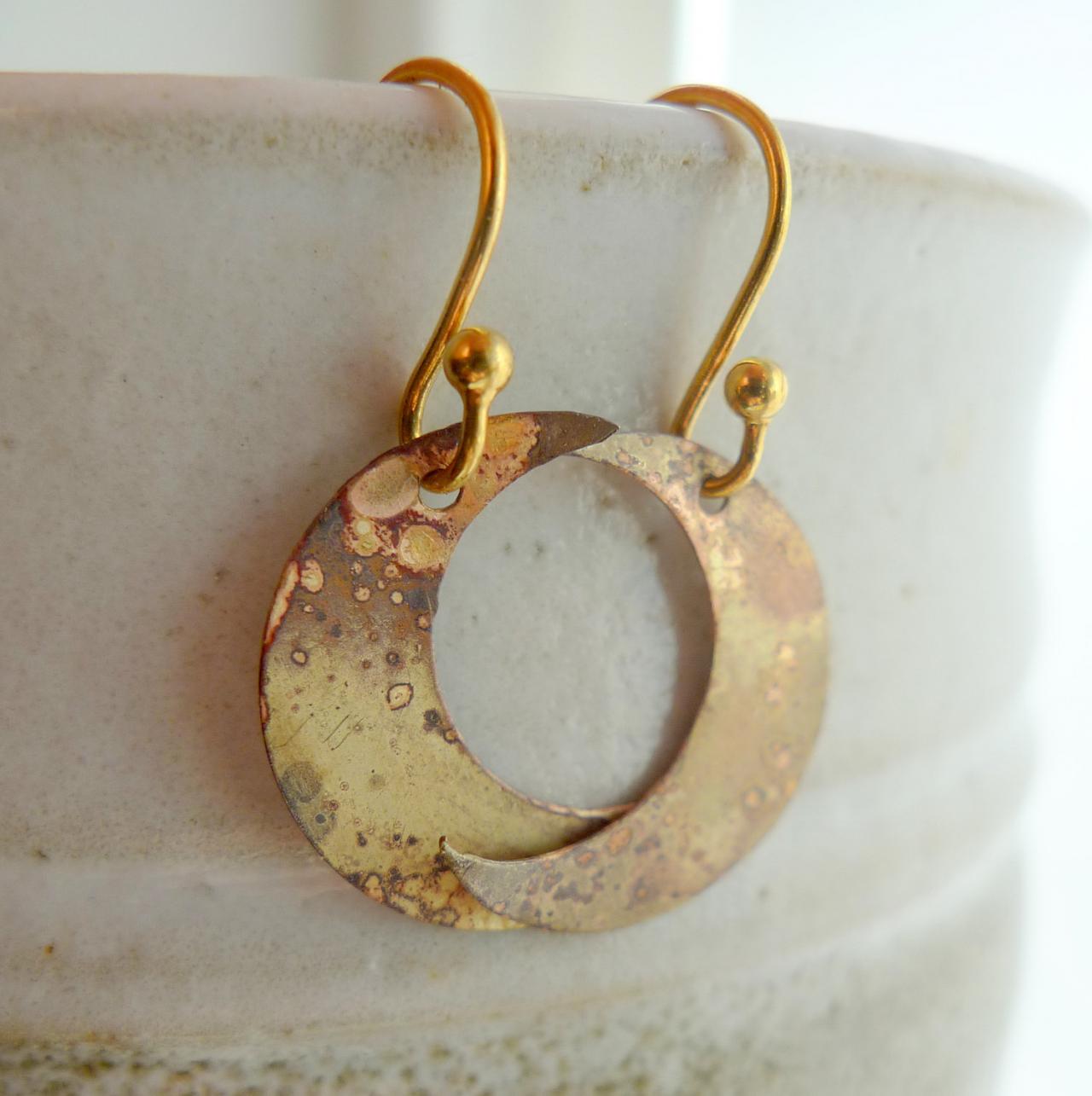 Brass Crater Moon Earrings With Gold Filled Earwires