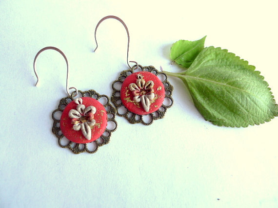 Polymer Clay Embroidery Applique Style Earrings With Brass Filigree Pieces And Swarovski Crystals