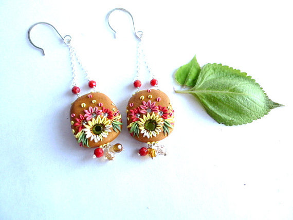 Polymer Clay Embroidery Applique Style Earrings With Coral And Swarovski Crystal Beads And Rhinestones Suspended By Sterling Silver