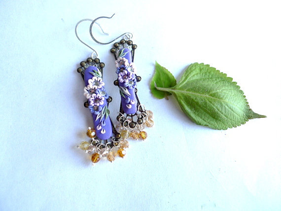Polymer Clay Applique Embroidery Style Earrings With Sterling Silver And Swarovski Crystals