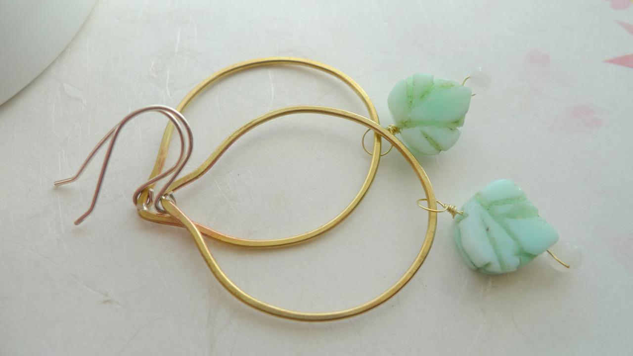 Jade Moonstone Sterling Silver And Brass Delicate Hoops. Nature Inspired Fine Jewelry.