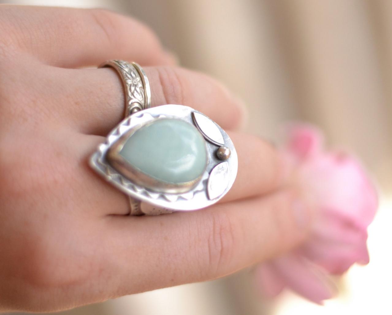 Handmade Sterling Silver Metalwork Ring With A Tear Drop Amazonite Cabochon Detailed Embellished Band All Hand Cut And Forged Sz 8